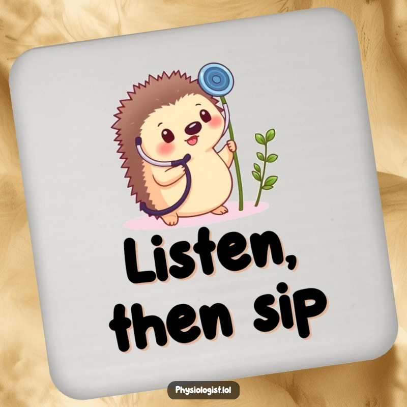 Funny coaster set featuring a small, round hedgehog cheerfully holding a giant stethoscope up to a tiny plant sprout.