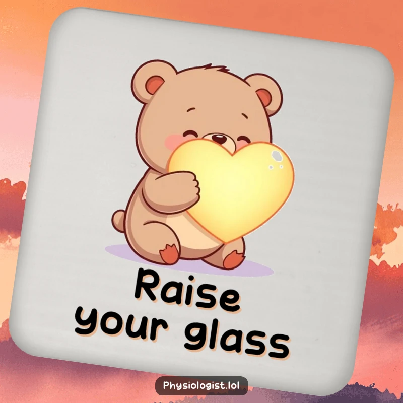 Funny happy bear coasters, examining a glowing heart, protecting surfaces with a heartwarming and humorous touch.