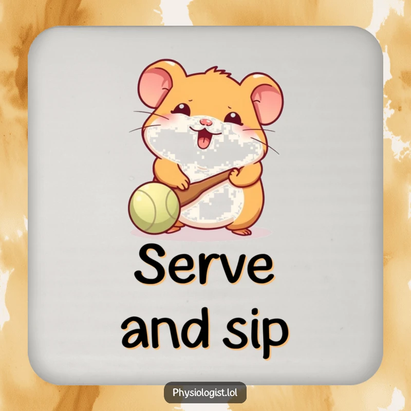 Funny Hamster Coasters: A cheerful hamster batting a ball with a paddle, offering humorous and adorable surface protection.