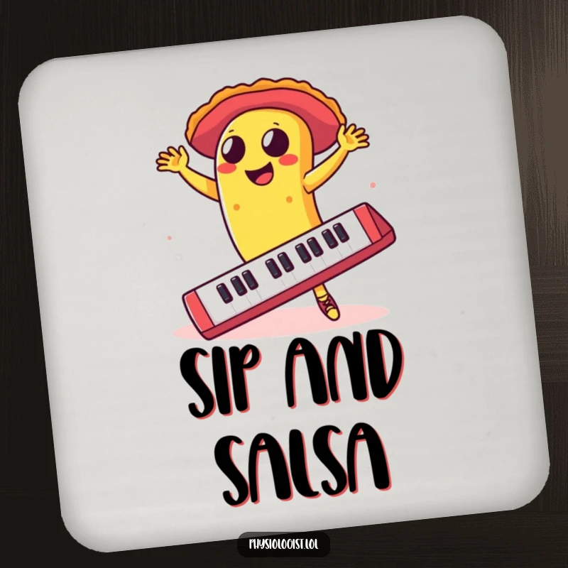 Funny taco dancing salsa on a giant keyboard, featured on a drink coaster, offering humorous surface protection.
