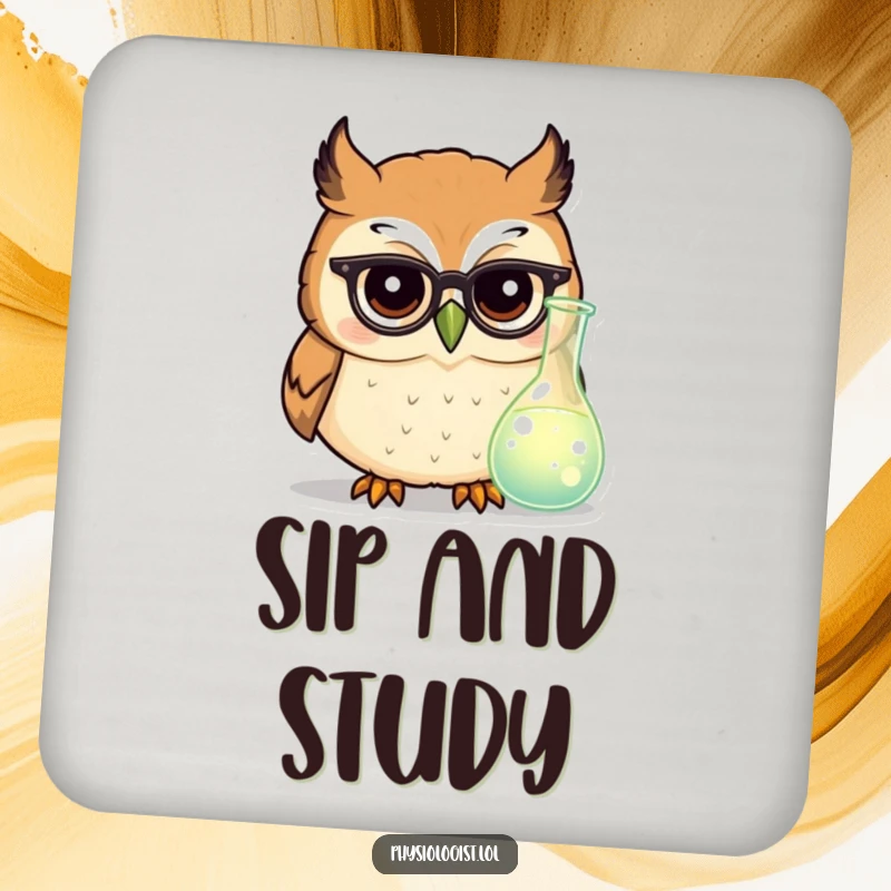 Funny owl scientist drink coaster with a round owl in tiny glasses looking at a glowing beaker, offering smart humor.