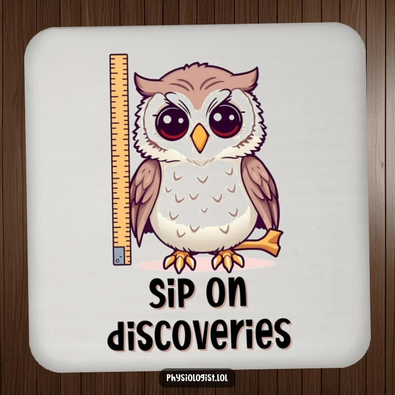 Funny drink coaster, an owl measuring a long bone, adding curious humor to drink protection.