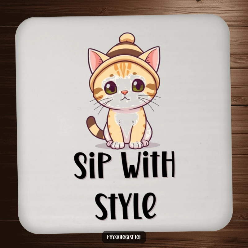 Funny cat wearing a small, striped hat on a drink coaster. A charming funny gift for tables.