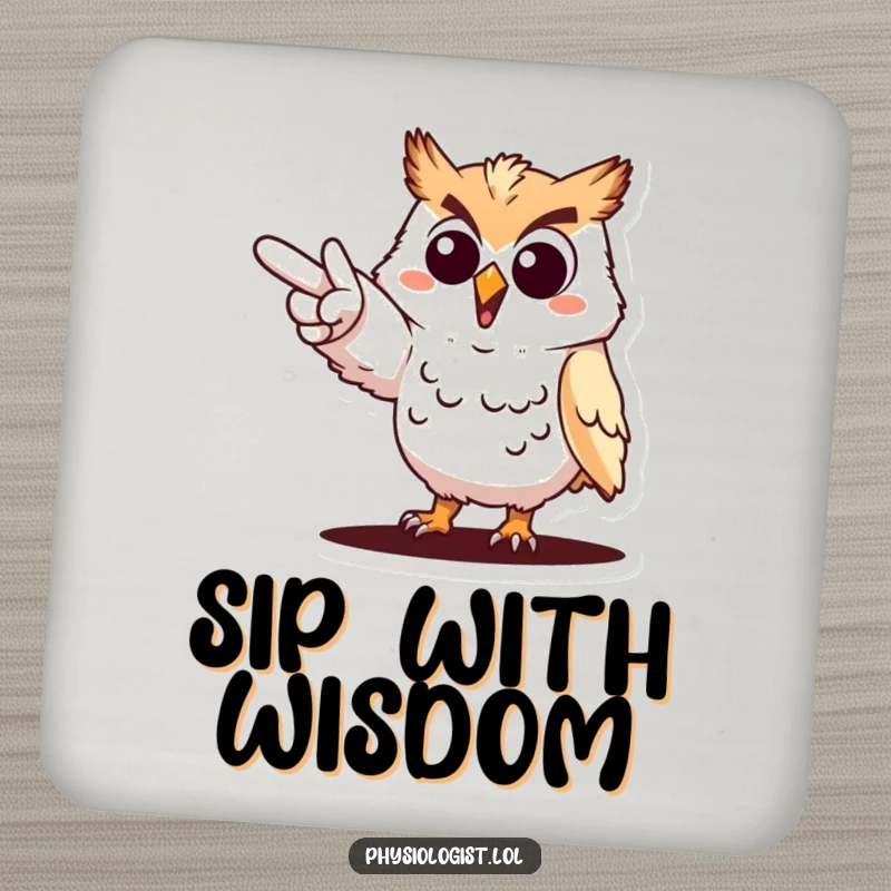 Funny cheerful owl pointing drink coaster, an owl dramatically indicating a goal, protective and humorous home accessory.