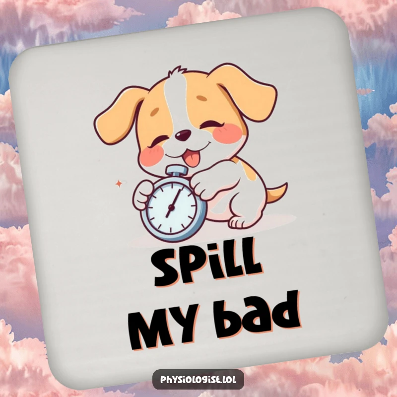 Funny dog mid-trip with a stopwatch on a drink coaster. A humorous funny gift for tables.