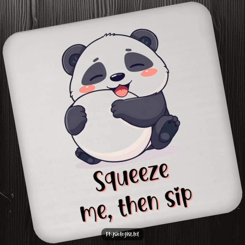 Funny Coaster: Giggling panda character squeezing an ambiguously shaped stress ball, protecting surfaces with humor.