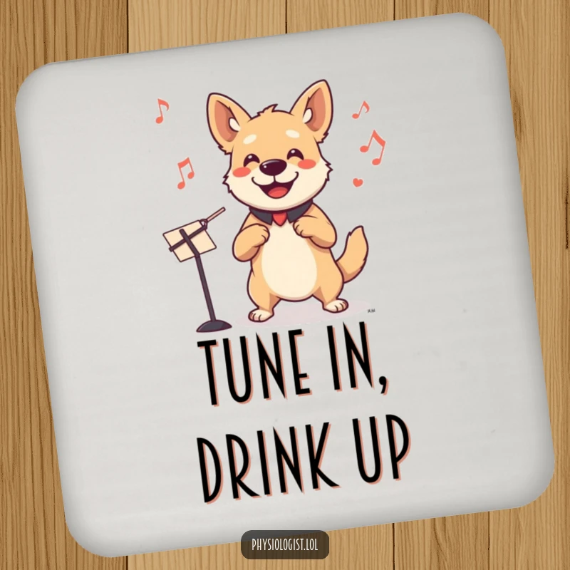Funny dog conductor drink coaster with a smiling dog leading an invisible orchestra, protecting surfaces with musical charm.
