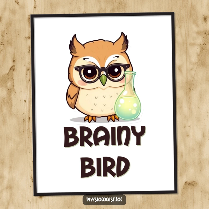 Funny owl scientist poster showing a round owl with tiny glasses intently looking at a glowing beaker, smart wall art.