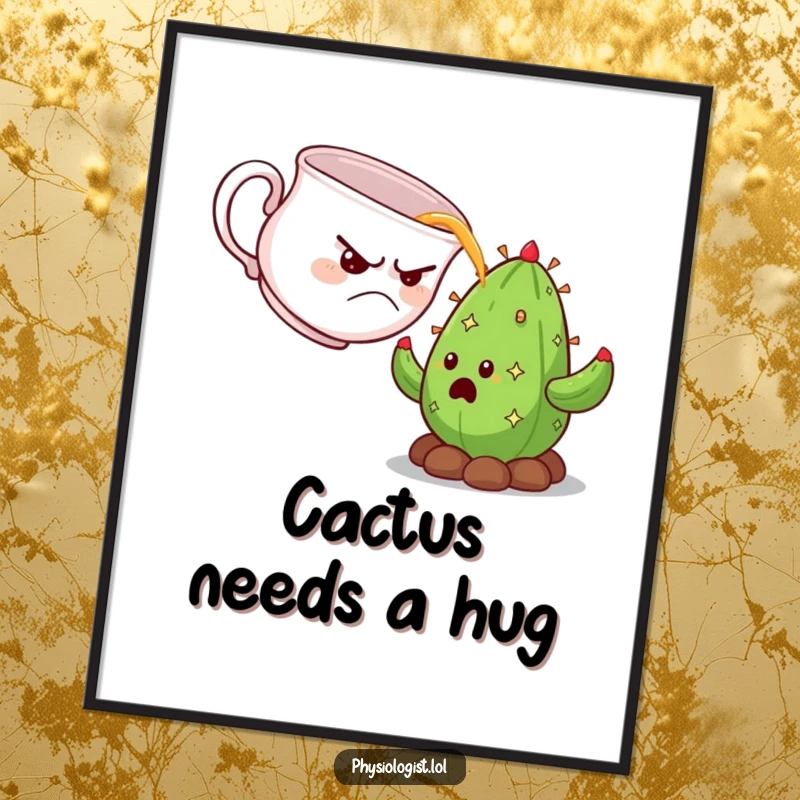 Funny grumpy teacup pouring tea onto a startled cactus, presented as high-quality, humorous wall art.