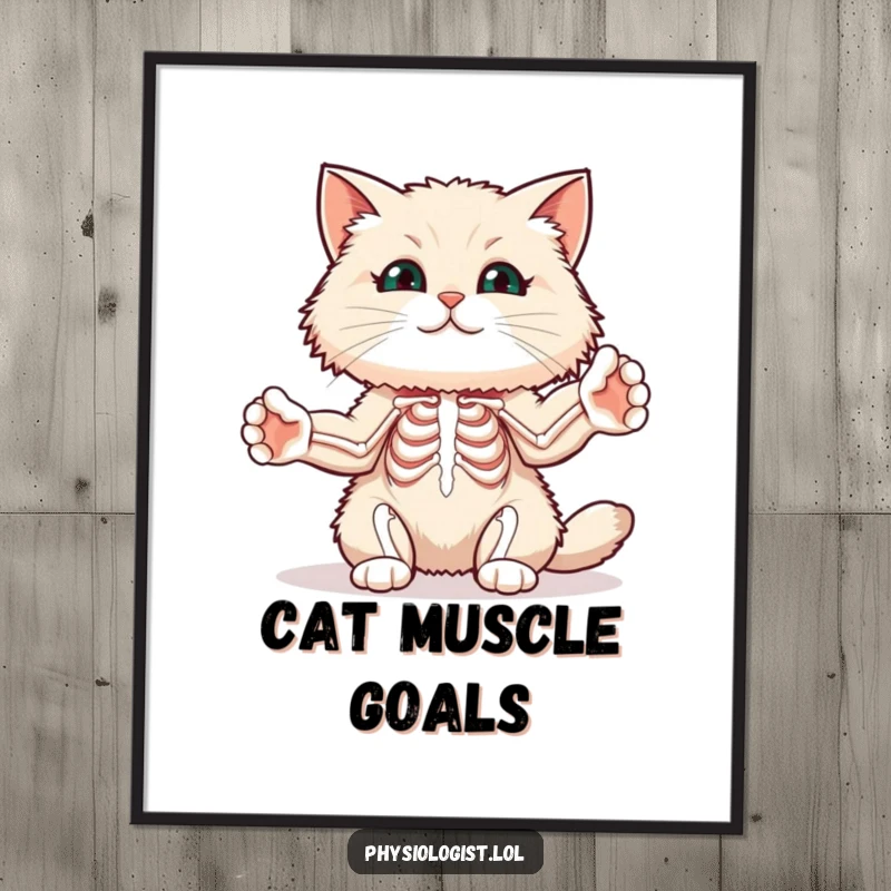 Funny cat muscle poster art showing a fluffy cat stretching its paws to illustrate skeletal muscle diagrams, for humorous decor.