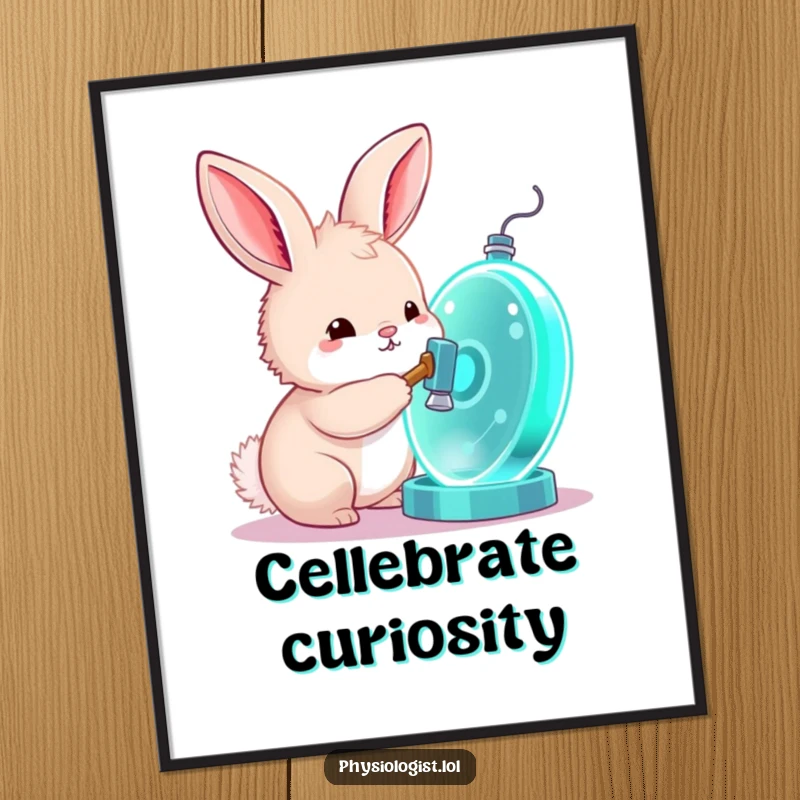 Funny bunny poster, a curious bunny taps a glowing cell model with a tiny hammer, creating intellectually stimulating wall art.