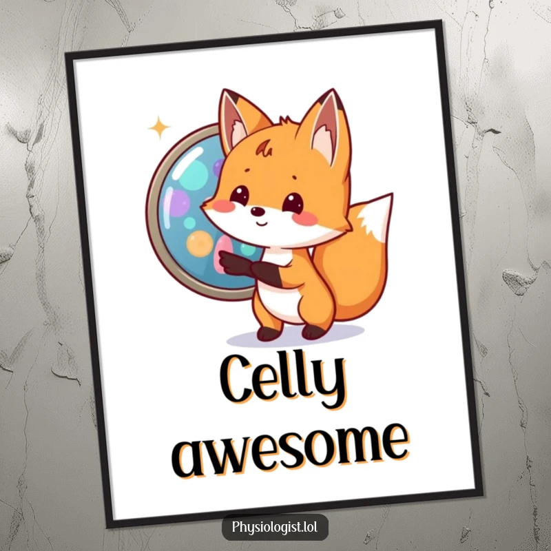 Funny fox biologist poster art showing a small fox excitedly pointing to a magnified cell with bright, colorful organelles, for decor.