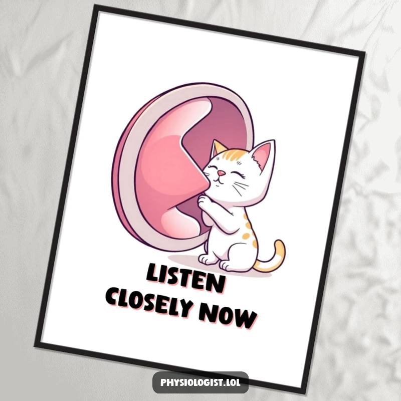 Funny cat art poster, a detailed illustration of a cat listening to a giant lung, adding humor to any wall.