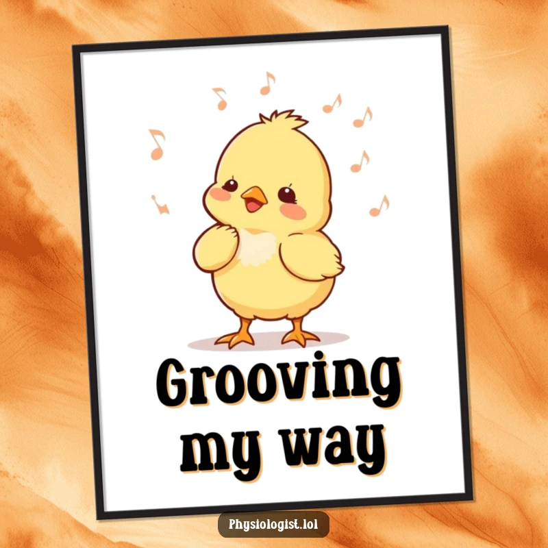 Funny chick music poster capturing a tiny chick energetically bobbing its head to music, creating a joyful and rhythmic wall art piece.