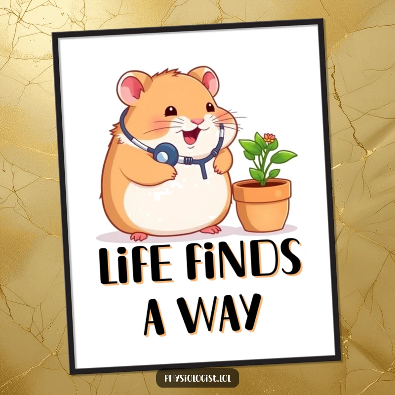 Funny poster art of a chubby hamster wearing a stethoscope, examining a small potted plant with great scientific interest and a comical expression.
