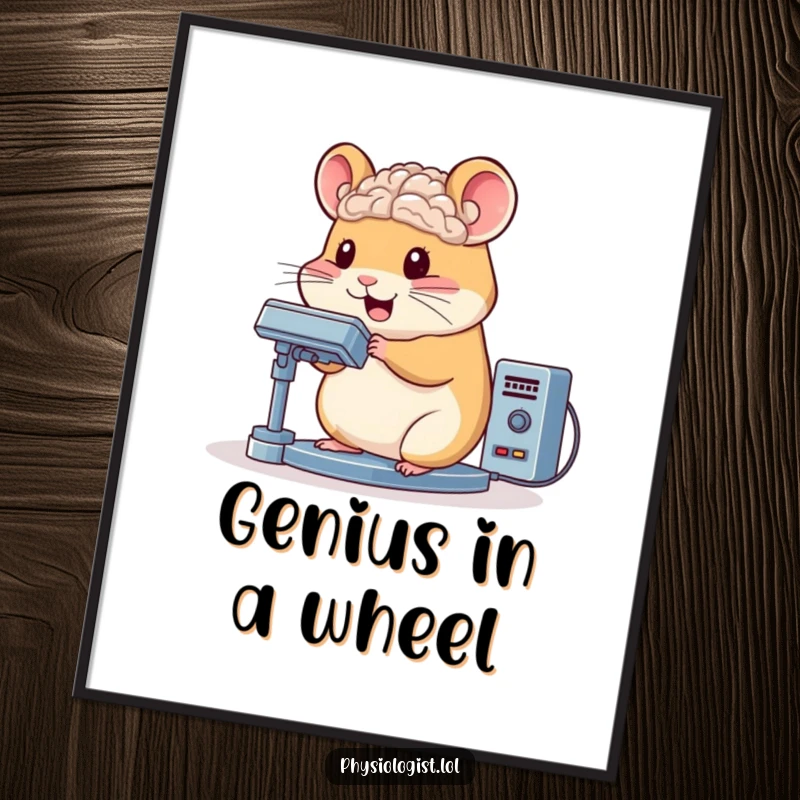 Funny hamster poster character bouncing while operating a complex brain scanner, vibrant and humorous scientific art.