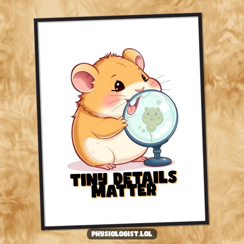 Funny hamster poster featuring a happy hamster intently inspecting a magnified image on a screen, combining cute art with technological humor.