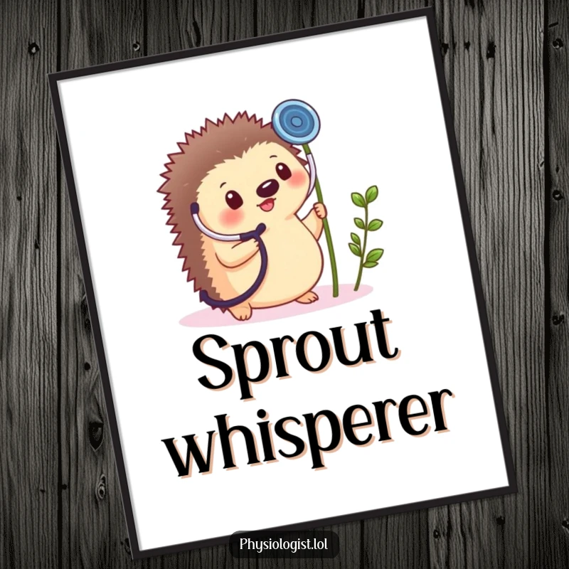 Funny poster art of a small, round hedgehog cheerfully holding a giant stethoscope up to a tiny plant sprout.