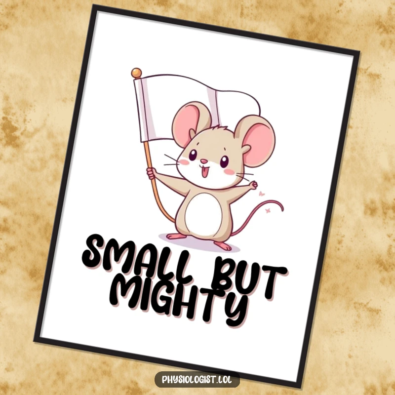 Funny wall art poster of a tiny mouse bravely waving an oversized, fierce flag, symbolizing strength and determination.