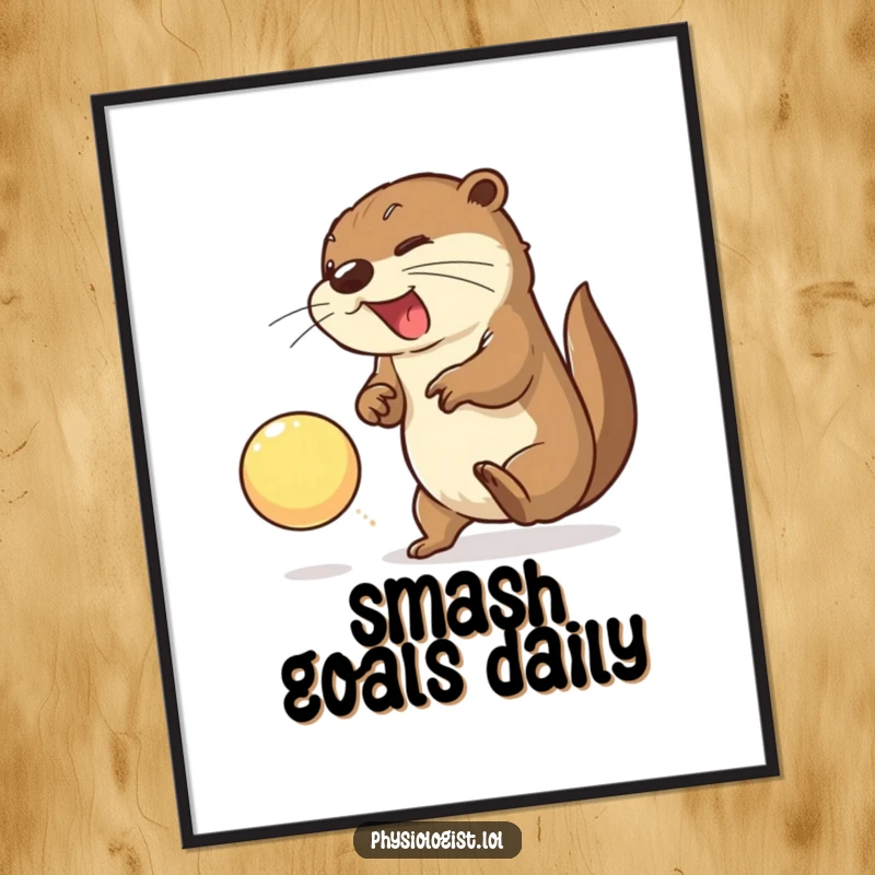 Funny otter poster depicting an energetic otter actively smashing a bright ball, a humorous and dynamic piece of art.