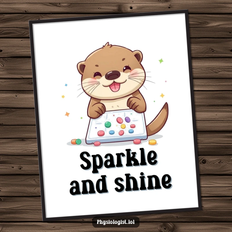 Funny otter poster, a cheerful otter sprinkles glitter and pills onto a microscopic slide, creating enchanting wall art.