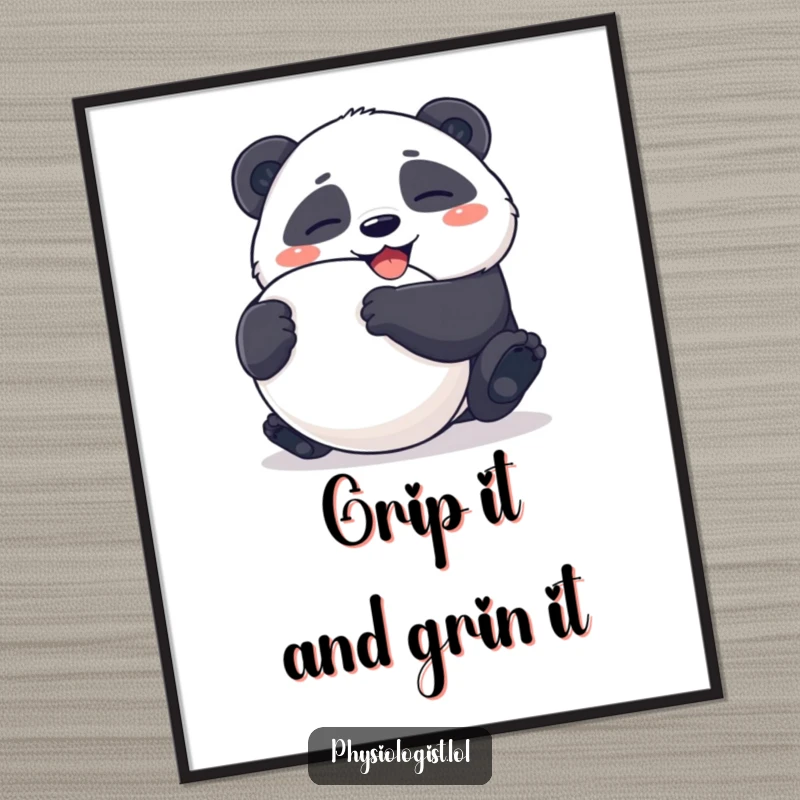 Funny Poster: Giggling panda embracing a large, ambiguously shaped stress ball, comedic wall art for amusement.