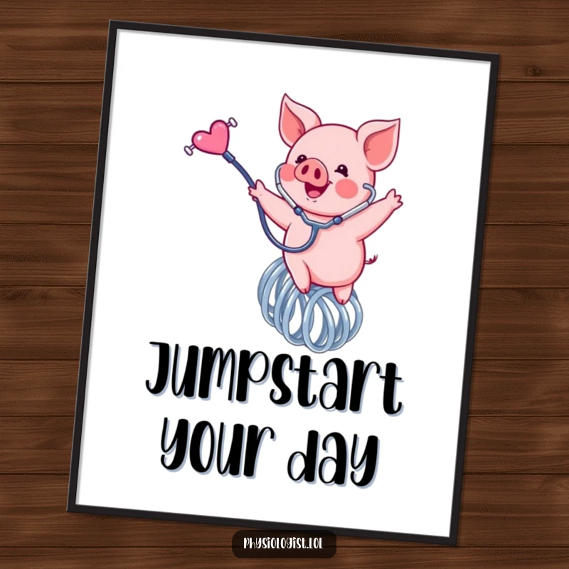 Funny piglet poster, a happy pink piglet energetically bounces on a spring holding a stethoscope, creating cheerful wall art.