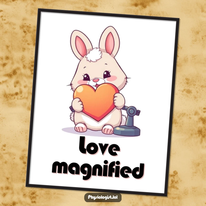 Funny poster art: a fluffy rabbit intently examining a brightly colored, oversized heart through a microscope.