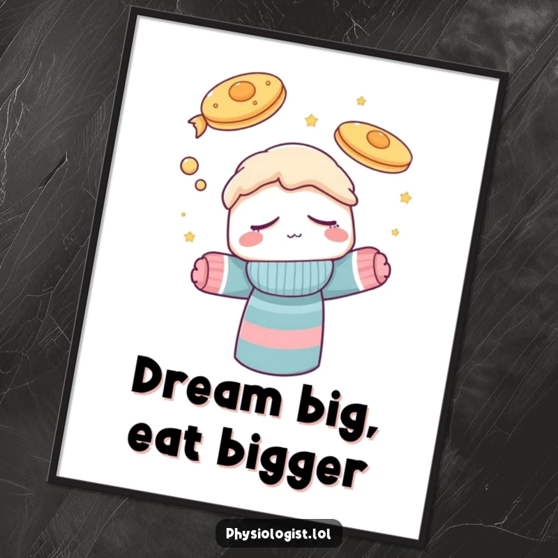 Funny poster featuring a lazy sock puppet asleep, captivated by a whimsical dream of pancakes soaring through the air, adding humor to any room.