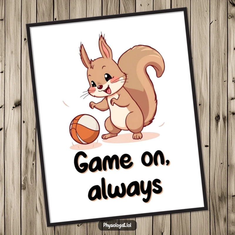 Funny Squirrel Poster: A mischievous squirrel in mid-leap, catching a bouncing ball, creates a dynamic and humorous wall art piece.