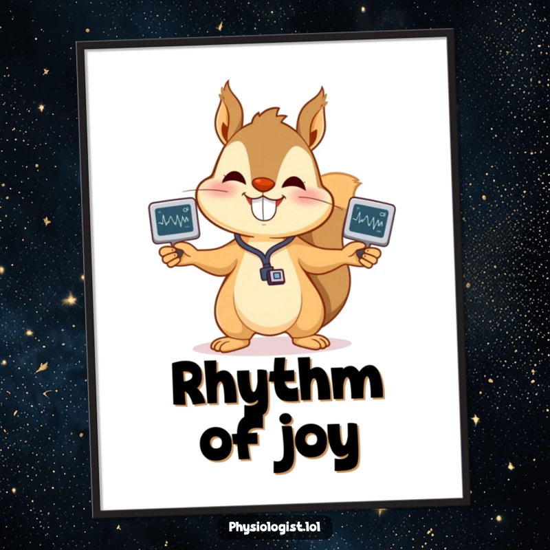 Funny squirrel EKG poster art, depicting a happy squirrel juggling heart monitor readouts, perfect for clinics or homes, adding vibrant humor.