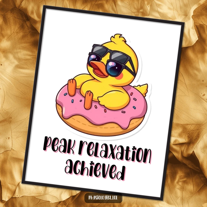 Funny rubber ducky in sunglasses relaxing on a donut, depicted on a poster, adding whimsical and humorous wall decor.