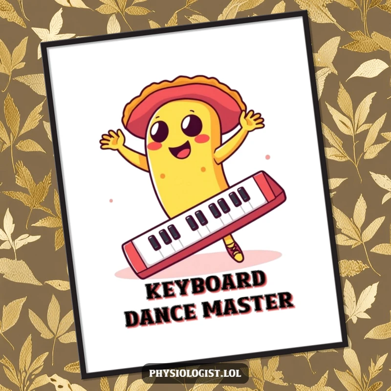 Funny taco dancing salsa on a giant keyboard, depicted on a poster, offering vibrant and humorous wall decor.