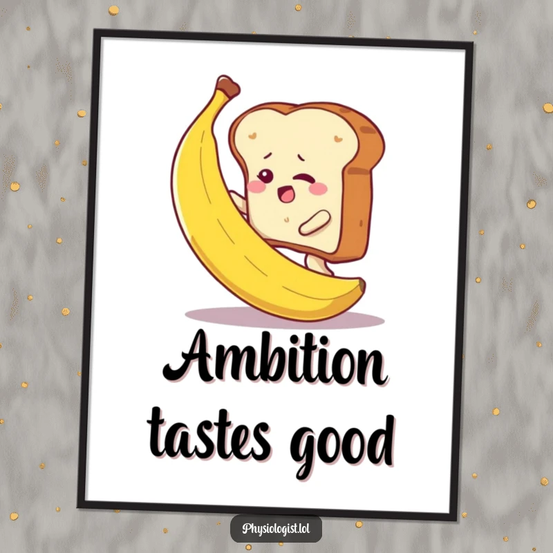 Funny toast determinedly climbing a banana, depicted on a poster, offering humorous motivation and wall decor.