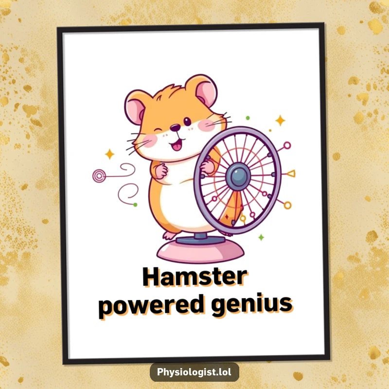 Funny Hamster Genius Poster: Art print of a happy hamster spinning a colorful diagram wheel, adding humorous inspiration to wall decor.