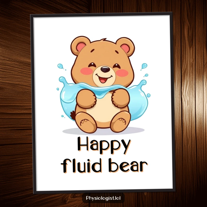 Funny bear fluid balance poster art showing a smiling bear jiggling with wobbly blue liquid, for humorous science decor.