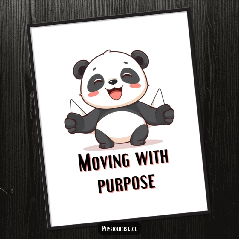 Funny panda poster featuring a cheerful panda using puppets to demonstrate muscle movement, combining fitness art with playful humor.