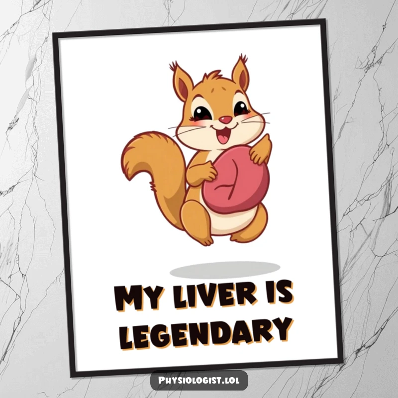 Funny liver health squirrel poster, depicting a jumping squirrel proudly showcasing a healthy liver, bringing energetic wellness humor.