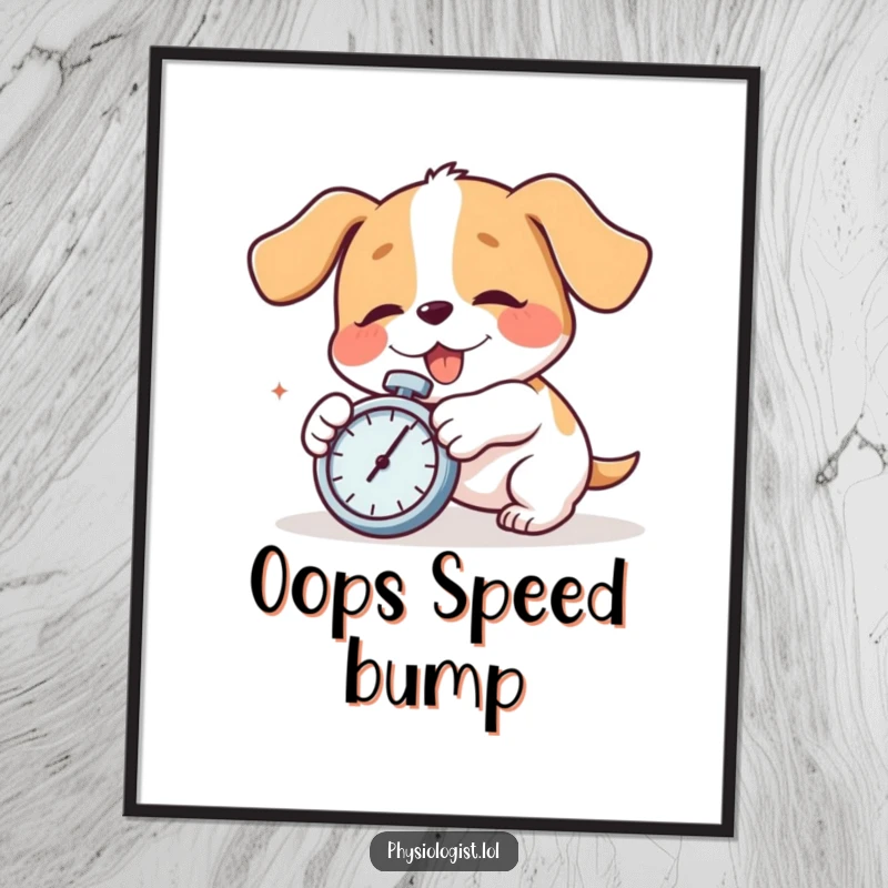 Funny dog comically tripping with a stopwatch, printed as humorous wall art. A delightful funny gift for home decor.