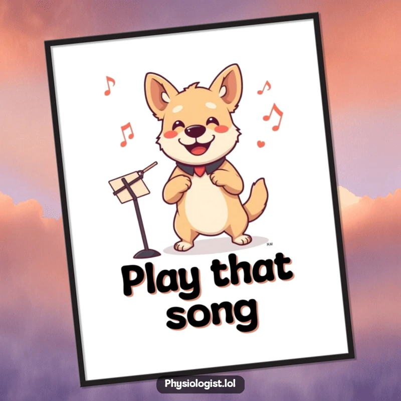 Funny dog conductor poster capturing a smiling dog energetically leading an invisible orchestra, creating a lively and humorous wall art piece.