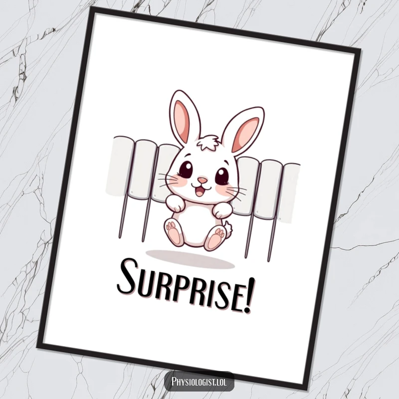 Funny poster art depicting a jumping rabbit peeking curiously from behind an obstacle, exuding playful surprise and humor.