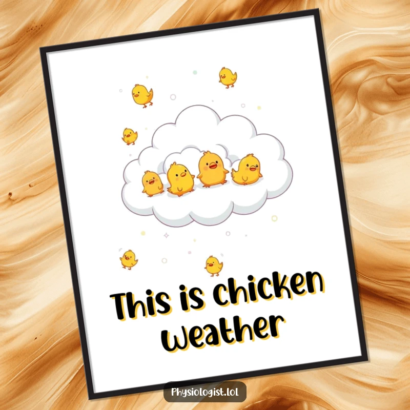 Funny fluffy cloud raining tiny rubber chickens, depicted on a poster, offering whimsical and humorous wall decor.
