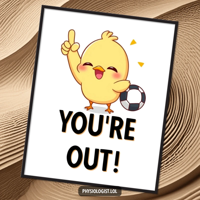 Funny poster art of a giggling chick enthusiastically holding a penalty flag, bringing sports game humor to wall decor.