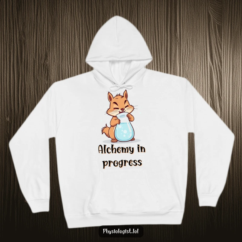 Funny Squirrel Hoodie with a determined squirrel churning a beaker of bubbly liquid, ideal for cozy lab sessions.