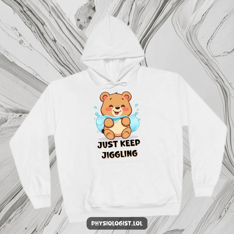 Funny bear fluid balance hoodie featuring a smiling bear jiggling with wobbly blue liquid, providing cozy hydration humor.