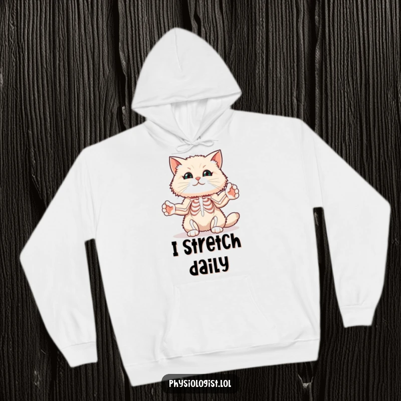 Funny cat muscle hoodie featuring a fluffy cat stretching its paws to illustrate muscle diagrams, offering cozy fitness humor.
