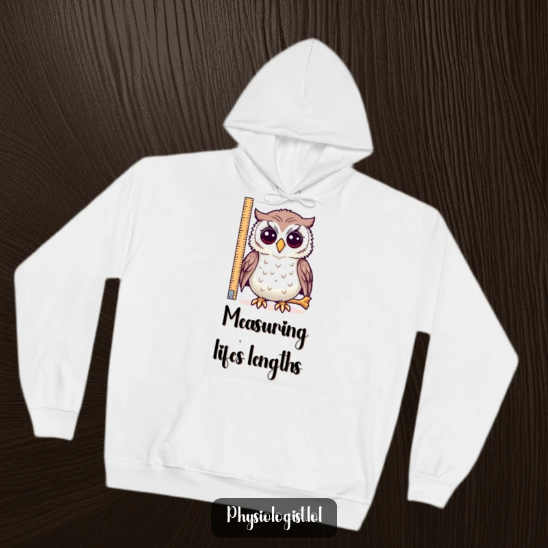 Funny owl hoodie, a wise owl measuring a ridiculously long bone, designed for cozy contemplation.
