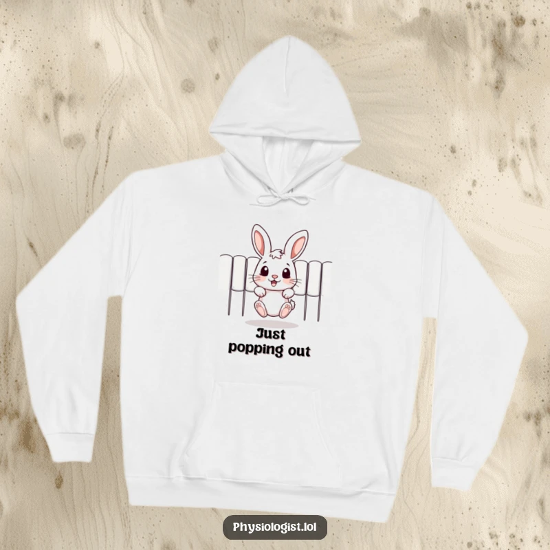 Funny hoodie featuring a cute jumping rabbit peeking out playfully from behind an unseen barrier, a humorous and cozy design.