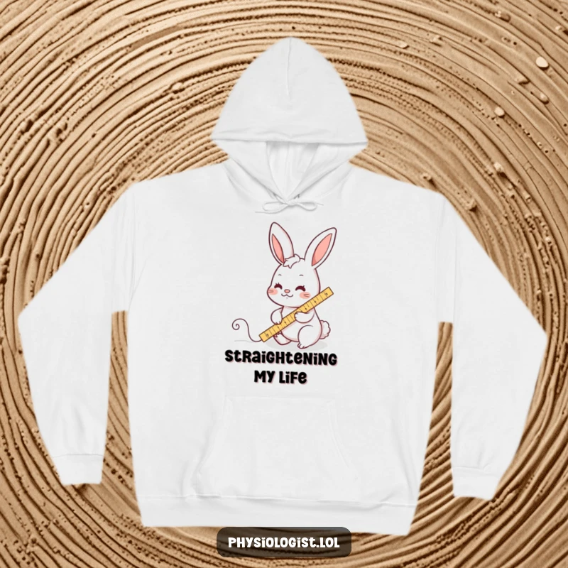 Funny hoodie depicting a busy rabbit character diligently measuring a wiggly line with a ruler, symbolizing focus and humorous attention to detail.