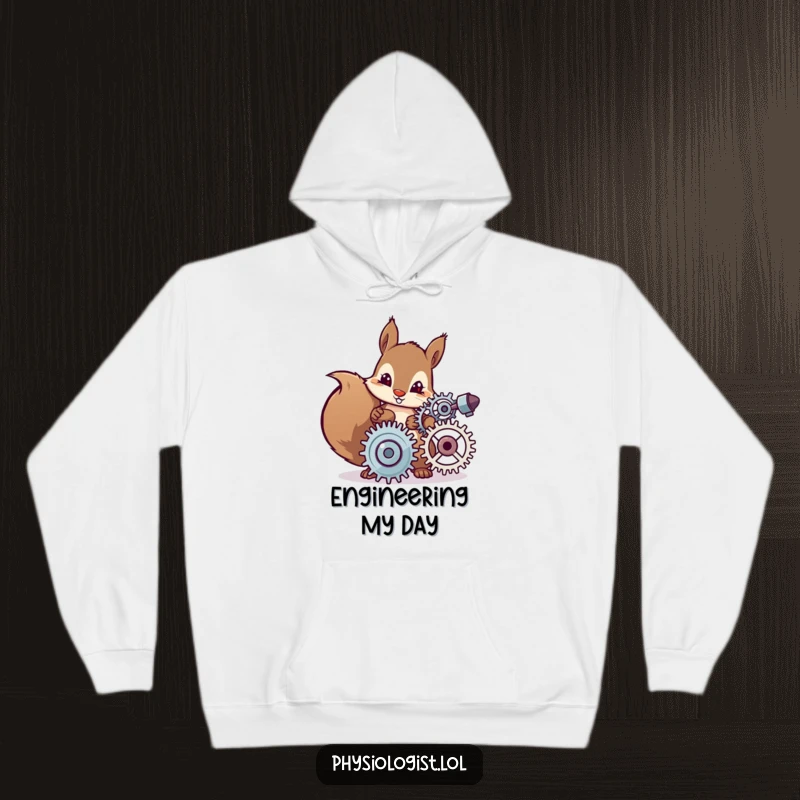 Funny hoodie depicting a determined squirrel character carefully adjusting complex spinning gears, symbolizing ingenuity and mechanical genius.